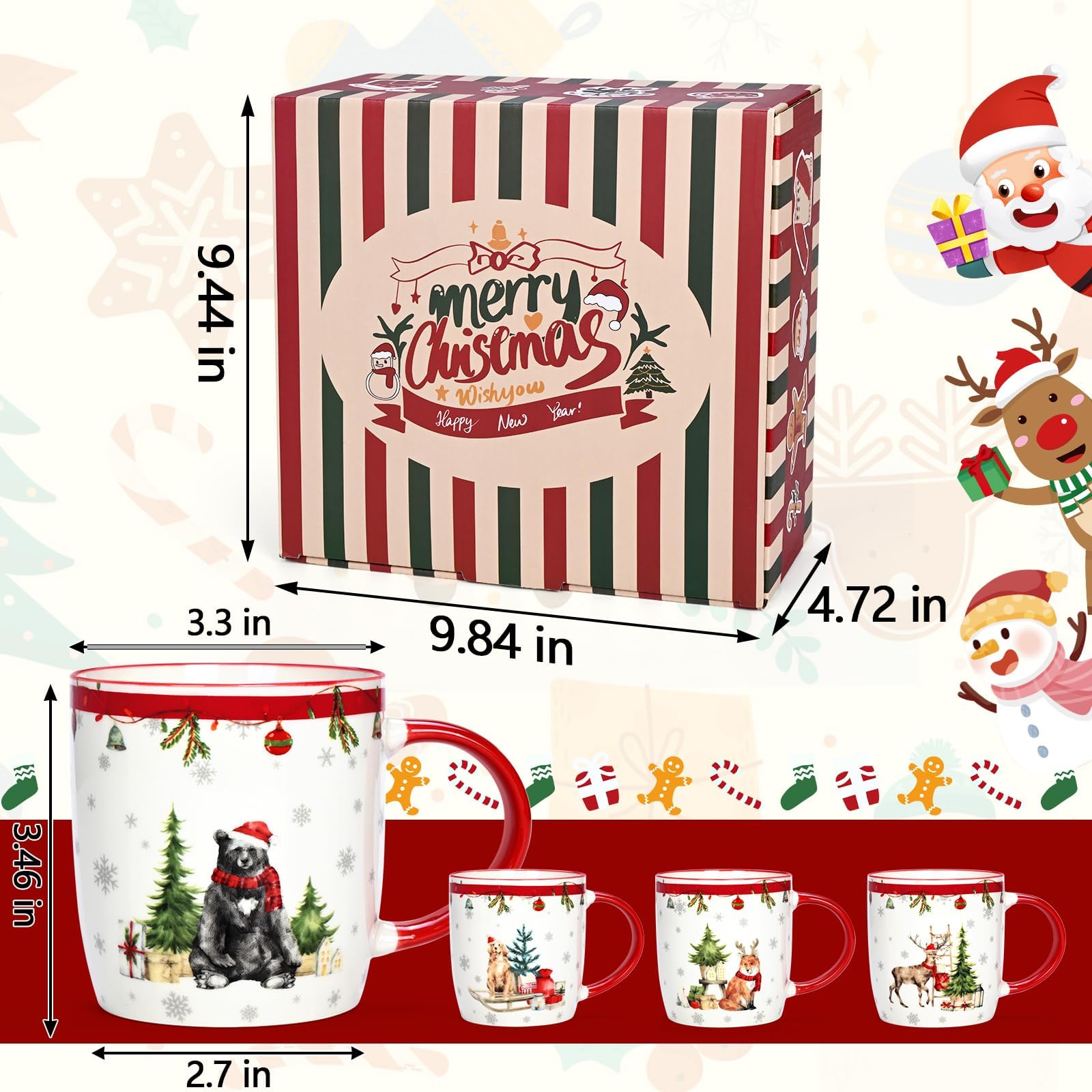 Joymaking Juego de 4 tazas de Navidad, juego de tazas de café navideñas, regalo de Navidad para mujeres y amigos, tazas de Navidad con diseño festivo, tazas de Navidad para vino caliente de cacao