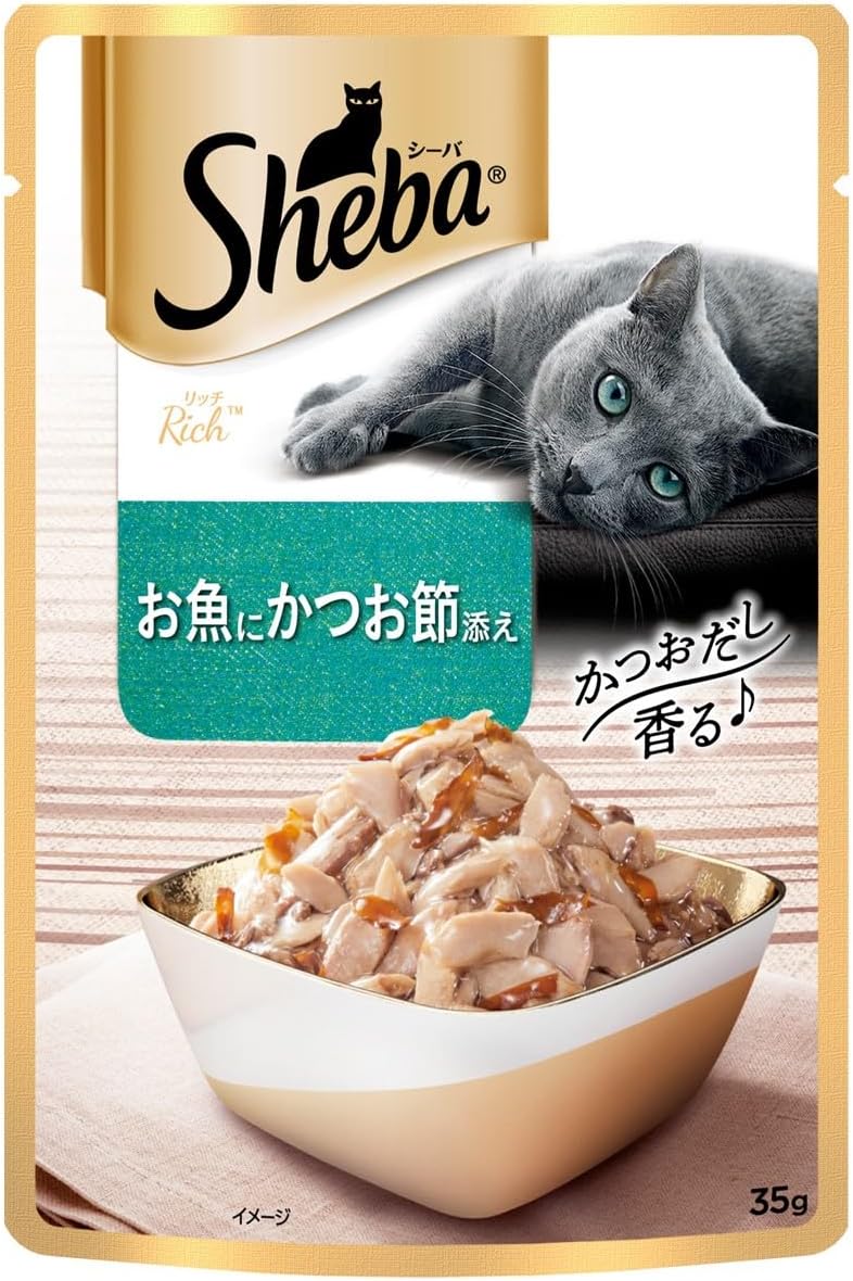 Sheba Rich Premium Adult (1+ Years) Wet Cat Food, Fish with Dry Bonito Flavour, 35 g Pouch (Pack of 12), High-moisture wet food for healthy hydration