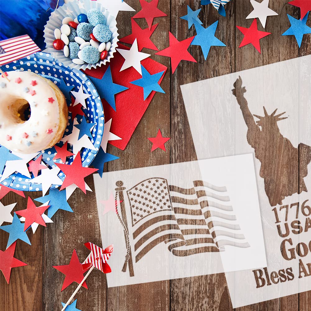 Schablonen mit amerikanischer Flagge, 8 Stück, USA-Flagge, Stern, Freiheitsstatue Adler, 1776, Kunststoff, Malschablone, Zeichnen, Airbrush-Vorlagen für Holz, Stoff, Papier, Scrapbook, Kunsthandwerk