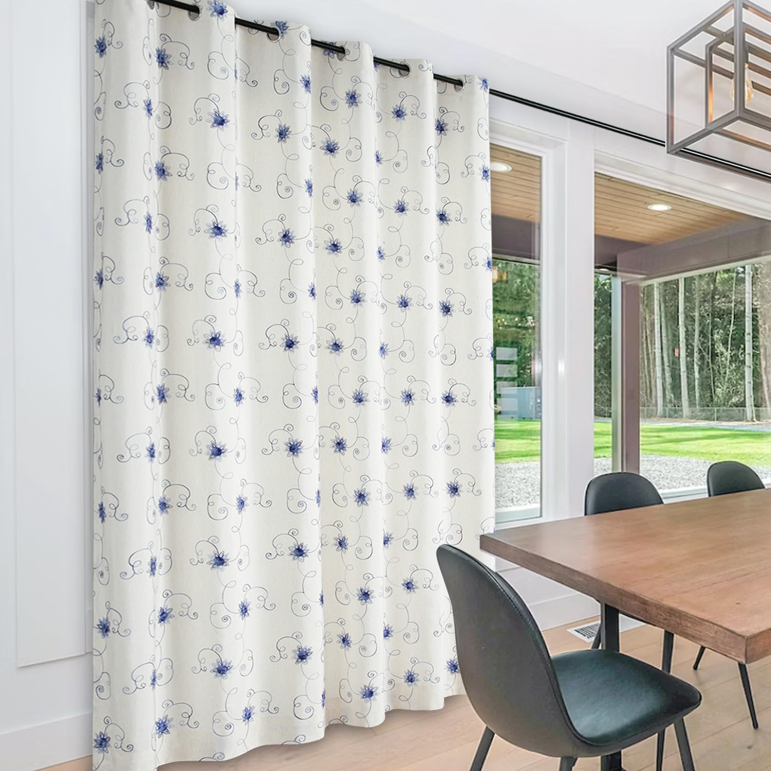 VOGOL Extra Wide Patio Door Curtains, W84 x L84 Inches Flower Embroidered Curtain Panels for Farmhouse, 1 Piece View Reducing Drapes for Living Room, Grommet