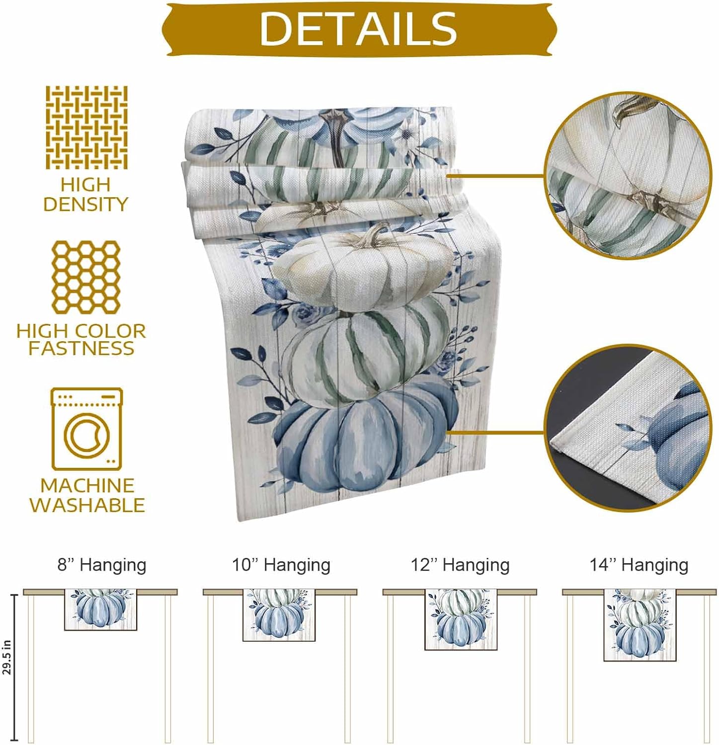 Fall Table Runner Blue Pumpkin Table Runners Harvest Thanksgiving White Blue Pumpkins Wooden Cotton Linen Dresser Scarf Kitchen Dining Table Decor for Autumn Holiday Party Coffee 13x108 Inch