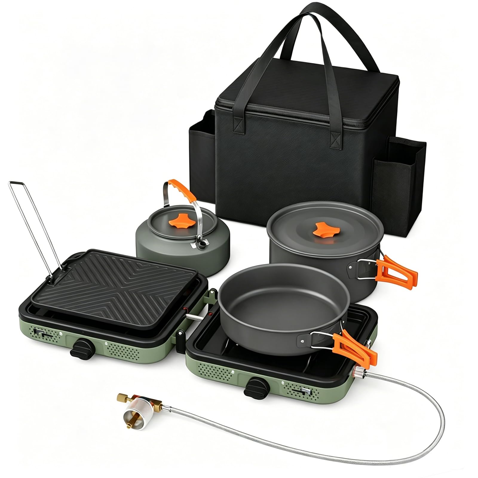 GFTIME Tragbarer 2-Brenner Campingkocher Set mit Kochgeschirr, 30000 BTU/h, Outdoor-Kochset inkl. Outdoor Klapp-Gasherd, Bratpfanne, Grillplatte, Wasserkocher, Topf und Tragetasche, für Propan&Butan