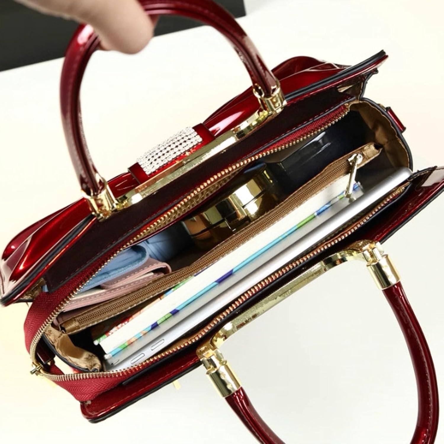 Women’s Glossy Patent Leather Handbag Top Handle Satchel - Medium Structured Shoulder Tote Purse with Adjustable Strap - Image 5