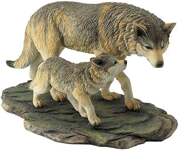 US 10.75 Inch Animal Figurine Wolf and Cub Walking Black Ochre White Gray