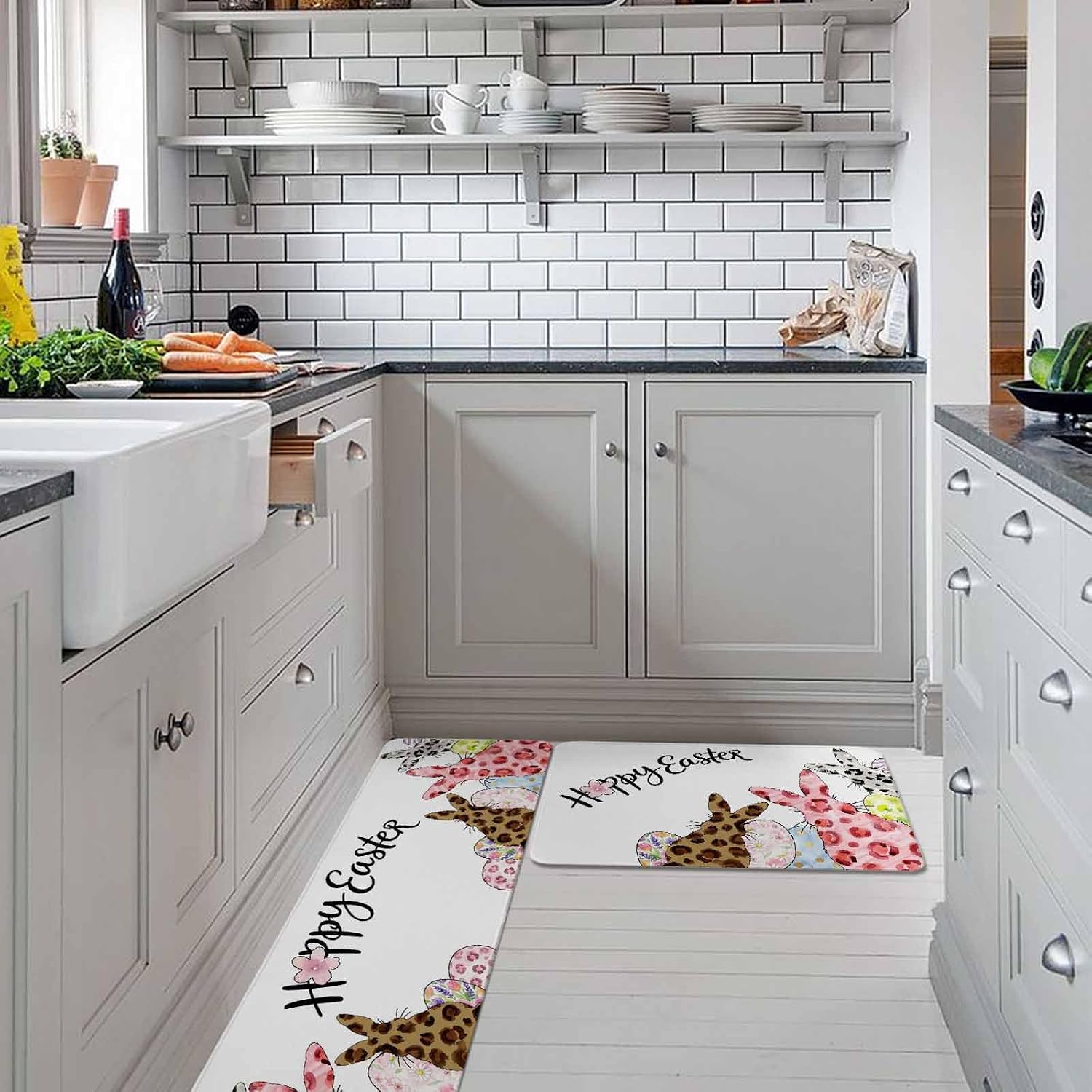 Easter Kitchen Rugs and Mats Set of 2, Non-Slip Kitchen Sink Mat, Spring Watercolor Leopard Prints Bunny Flower Eggs Washable Doormat Bathroom Rugs Runner for Bedroom 19.7"x31.5"+19.7"x47.2"