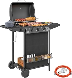 Outsunny Barbacoa de Gas BBQ Gas con 3+1 Quemadores 9,5 kW Barbacoa Portátil con Termómetro Mesa Lateral Estante Especiero Parrilla Recogedor de Grasa 2 Ruedas para Jardín Exterior Camping Negro