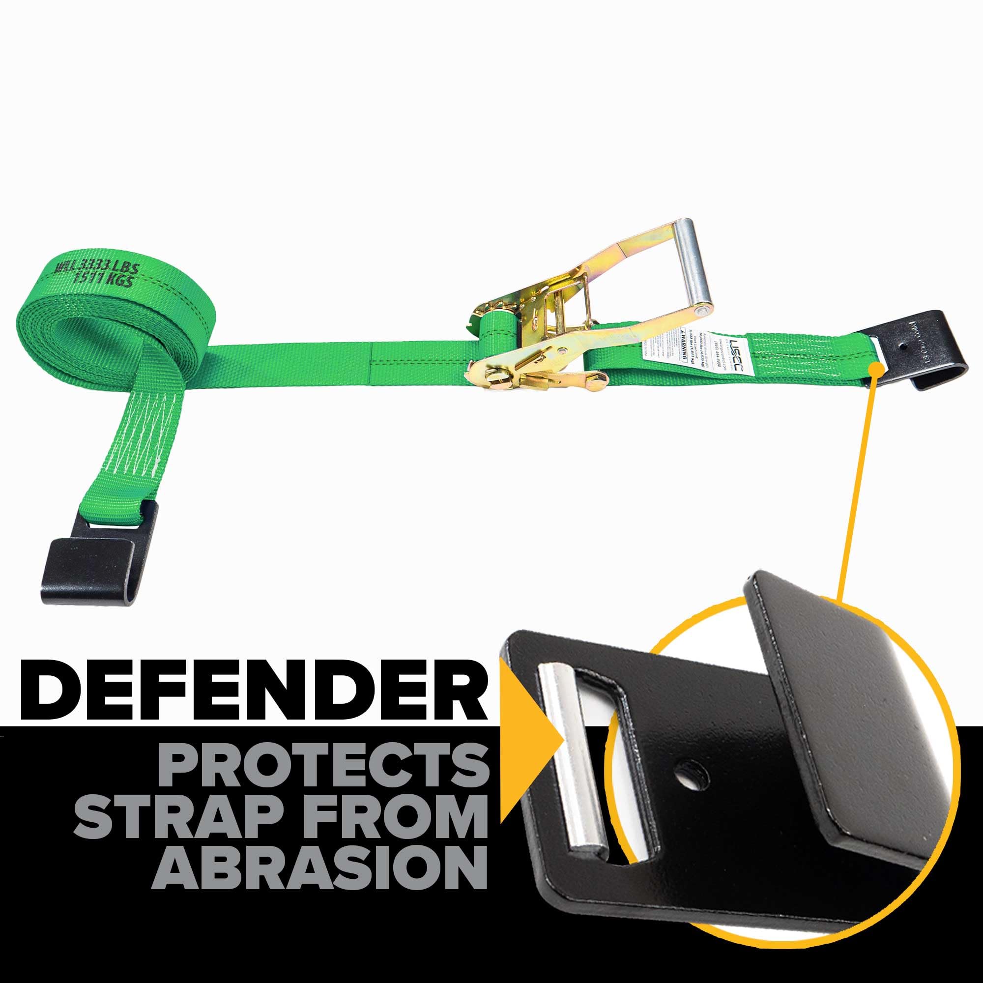 US Cargo Control Flat Hook Ratchet Strap, 2 Inch Wide X 27 Foot Long, Green Weather Resistant Webbing, 3,333 Pound Working Load Limit, 2 Pack
