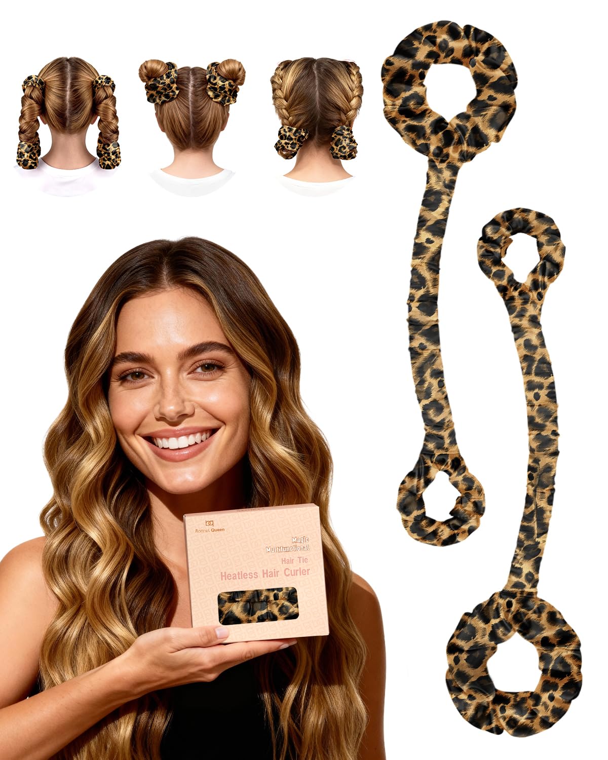 BONNET QUEEN 2er Set Lockenwickler Über Nacht Für Heatless Curls und Locken Ohne Hitze Mit Verstellbarem Haargummi für Perfekte Haarwellen am Morgen Sprungvolle Locken, Leopard