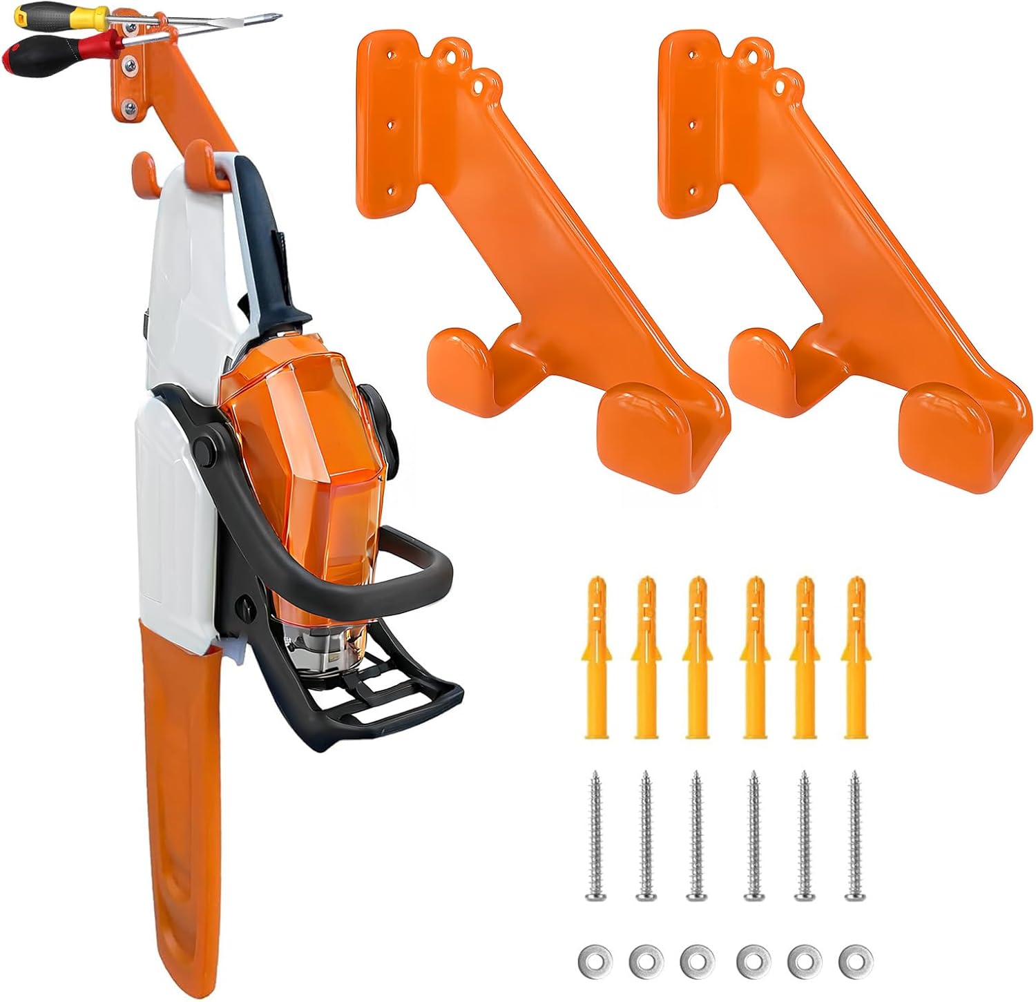 Chainsaw Hanger - 1Pack/2 Pack Chainsaw Holder, Heavy Duty Chainsaw Wall Mount, Garage Organization Garage Storage Shed Organizer Mounted Chainsaw Rack Tool Racks (2, Orange)