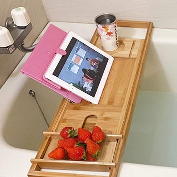 Bamboo Bathtub Tray, 29.53-42.91in Expandable Bath Tray with Holder, Adjustable Bath Caddy Bathtub Shelf for Relaxing Bath Time