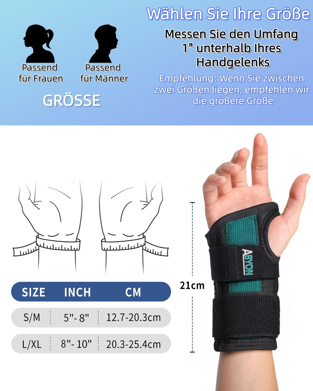 ABYON Handgelenkstütze mit Doppelschiene – Handgelenk Bandage und Handgelenkschiene bei Karpaltunnel Arthritis Sehnenscheidenentzündung verstellbar leicht und bequem für Damen und Herren S/M