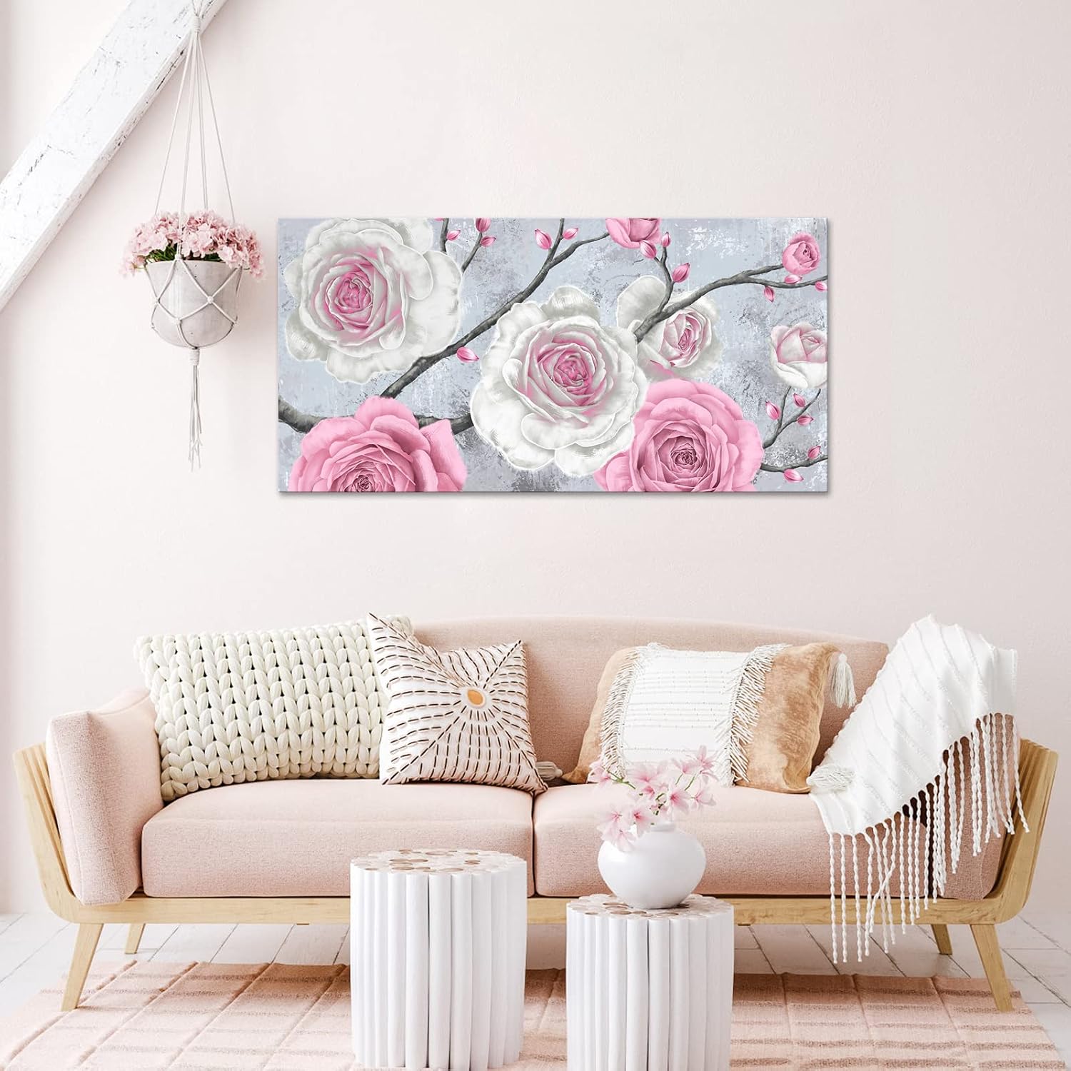 OuElegent Large Pink Wall Art Rose Flower Painting White Pink Floral Pictures Artwork Print for Bedroom Living Room Wall Decoration Wrapped Ready to Hang 24x48 Inch
