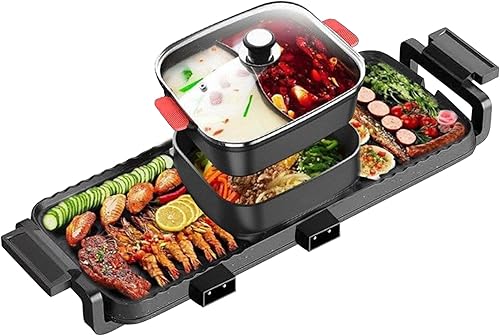 Parrilla eléctrica 2 en 1 para barbacoa, olla caliente con parrilla, parrilla antiadherente para interiores, control de temperatura dual separado,
