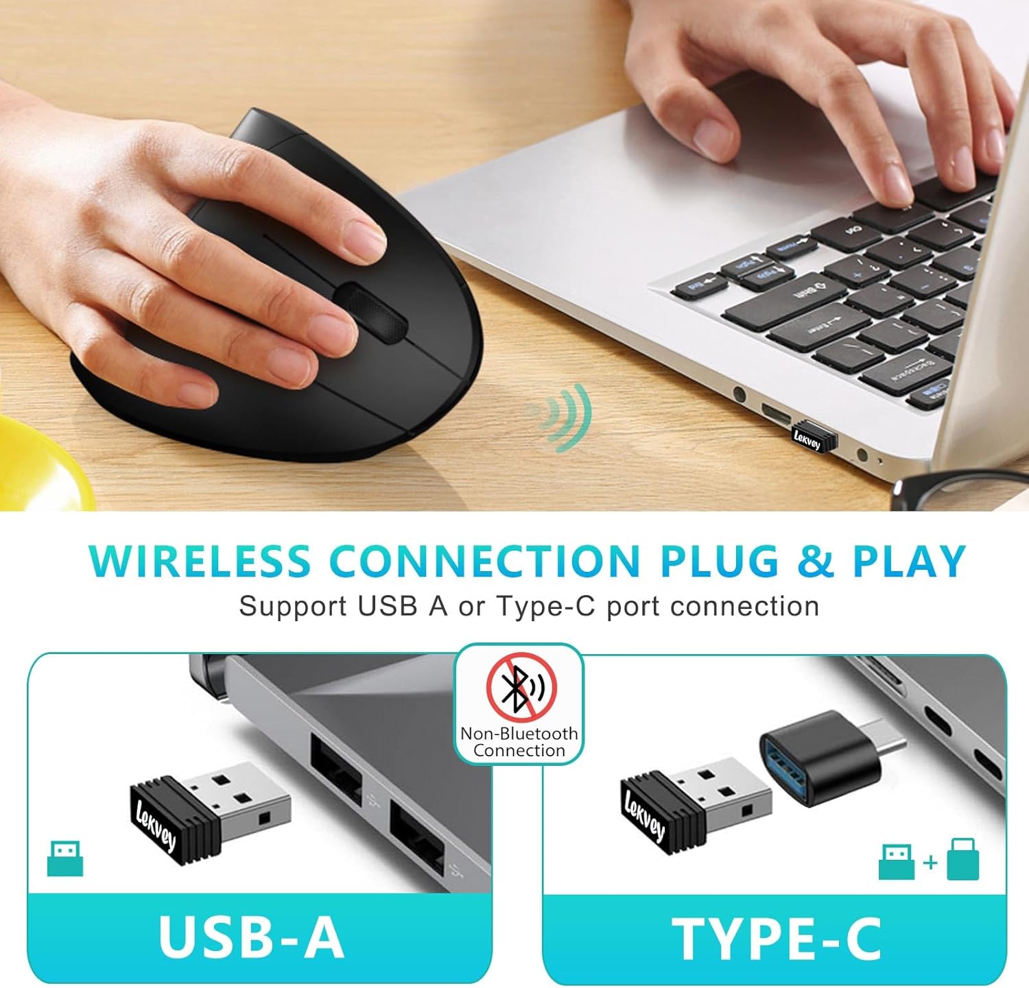 Lekvey Ergonomic Mouse, USB C Wireless Vertical Mouse, Dual Mode Rechargeable USB-A & Type-C Ergo Mouse, 1600 DPI, Relieves Wrist Pain and Carpal Tunnel, for Laptop Computer Mac MacBook PC, Black