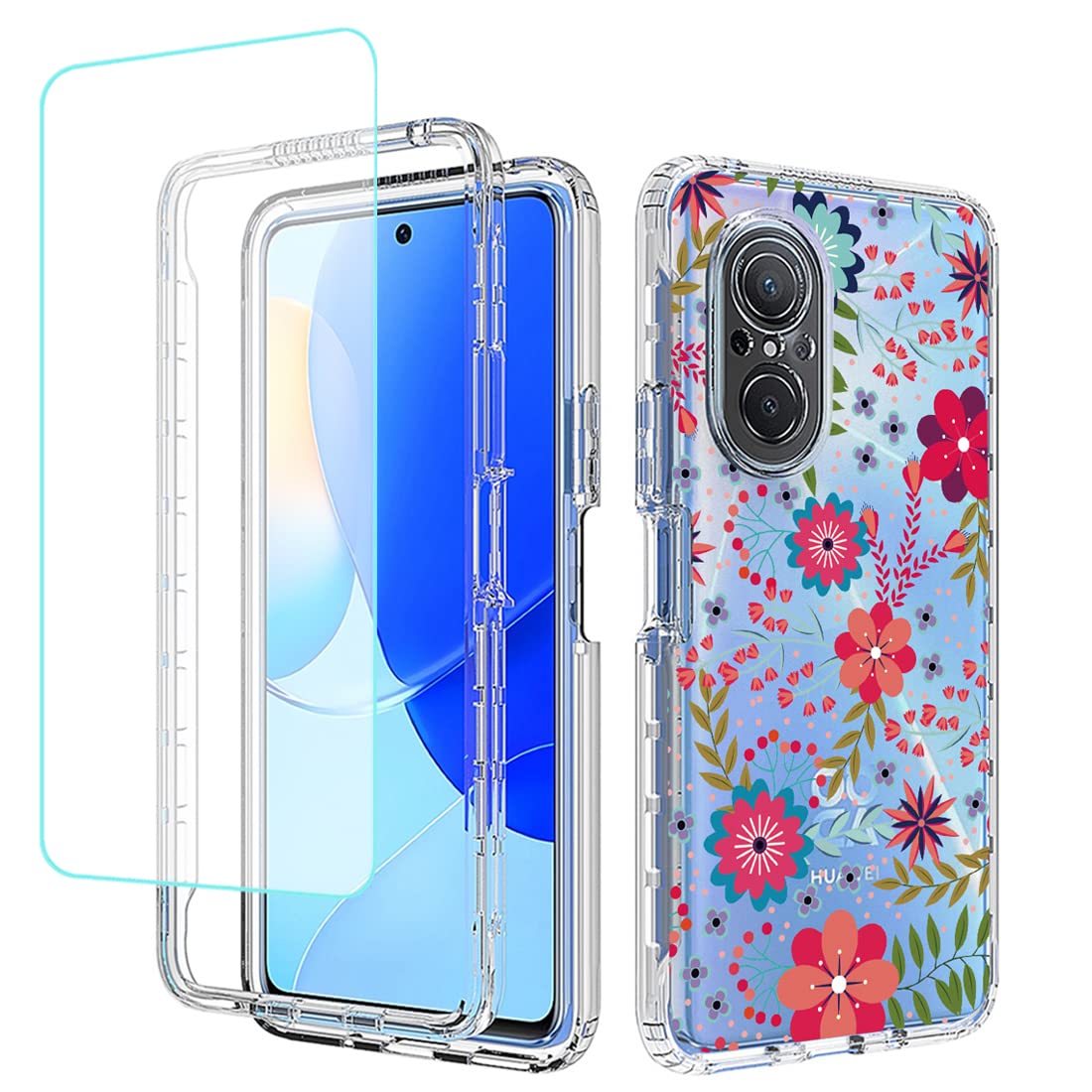 Case for Nova 9 SE/Honor 50 SE JLN-LX1 JLN-LX3 Case with Tempered Glass Screen Protector, Full Body Clear Floral TPU Slim Phone Protective Armor Cover for Huawei Nova 9 SE (Floral Prints)