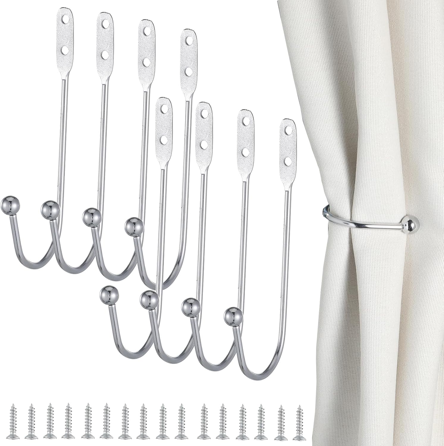 8 Pcs Metal Curtain Holdbacks, Curtain Tiebacks Wall Mounted Curtains Hooks Decorative Drapery Tie Backs Retro Window Hook with Screws for Drapes, Home Decor (Silver)