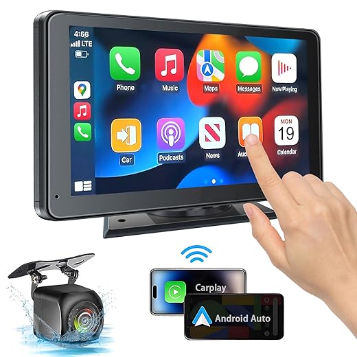 Portable Wireless with Apple CarPlay and Android Auto Screen for Car, 7" HD Touch Screen Car Stereo with Mirror Link, Bluetooth 5.2, Backup Camera, AUX,FM Transmitter for All Vehicle