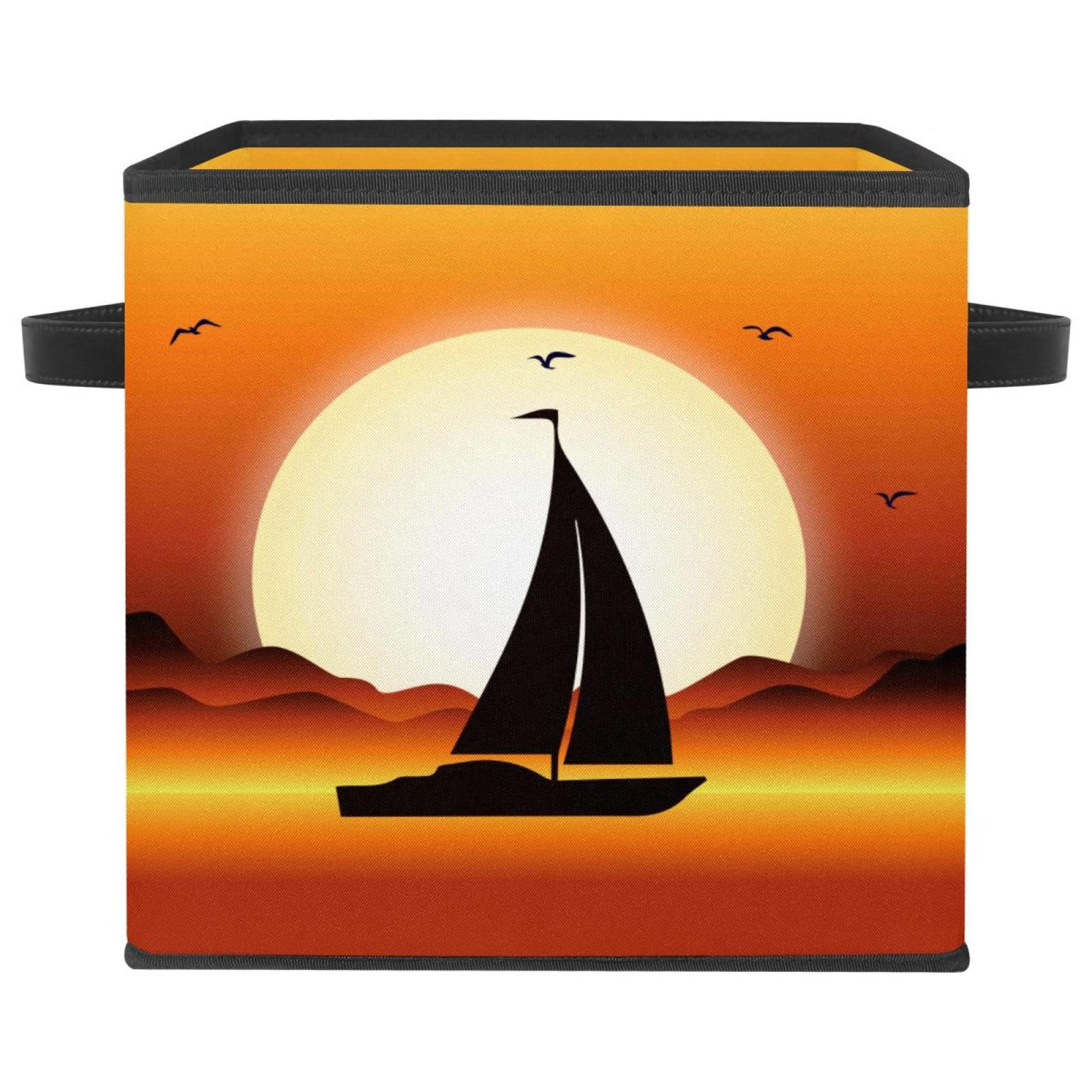 Boîte de rangement pliable en tissu avec poignées robustes et motif orange coucher de soleil