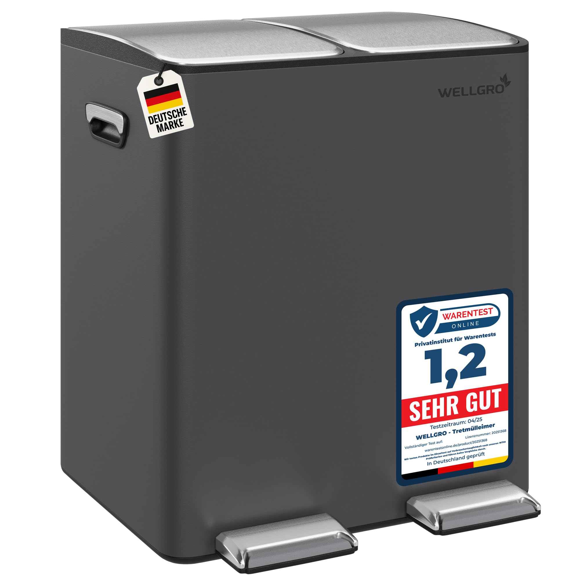 WELLGRO Mülleimer Küche 30 Liter – Edelstahl Treteimer 2x15 Liter grau mit Softclose-Deckel, Mülltrennsystem mit 2 Fächern und Kunststoff-Inneneimern