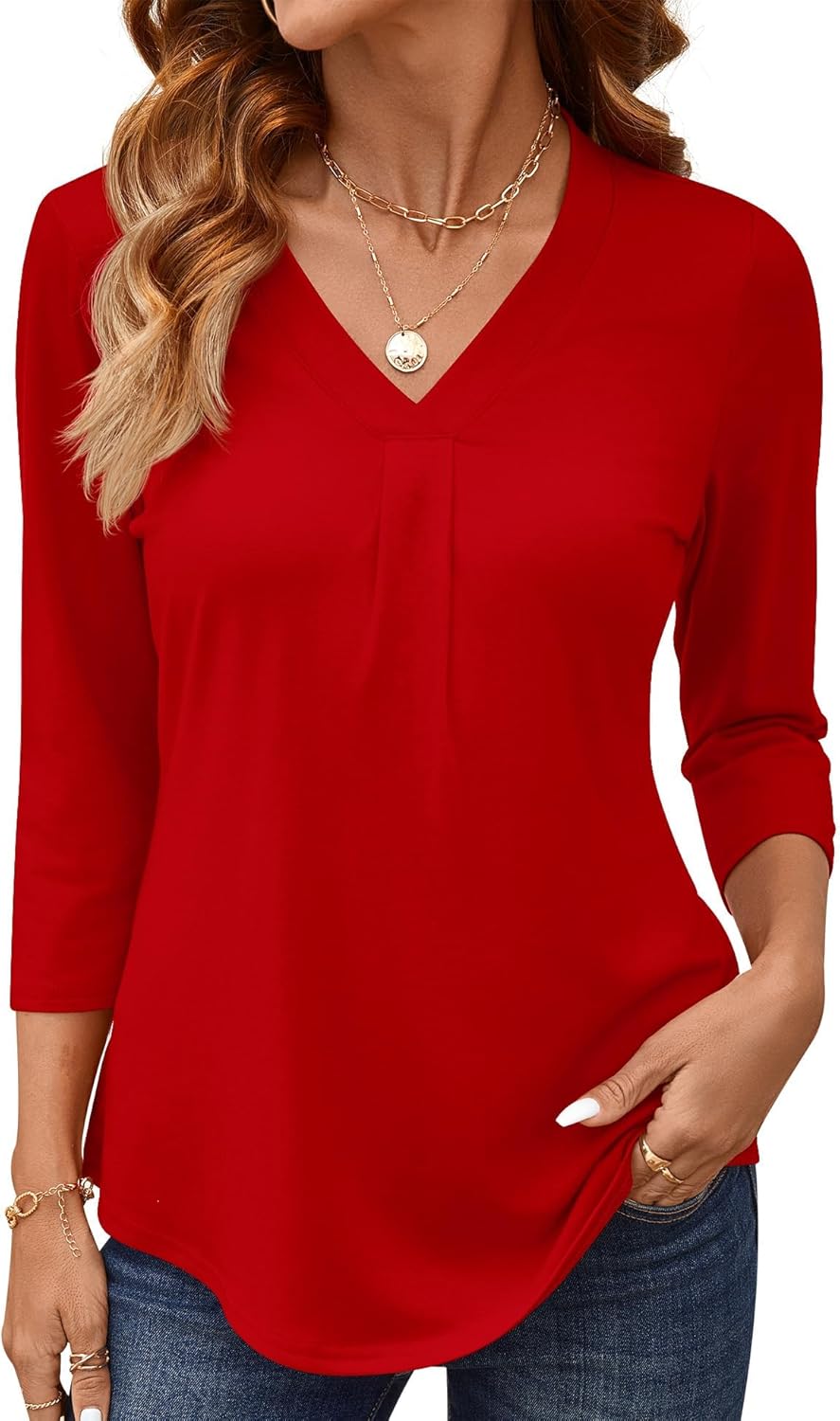 AKEWEI 3/4 Length Sleeve Womens Tops V Neck T Shirts Dressy Casual Pleated Spring Fashion 2026 Work Blouses - Image 2