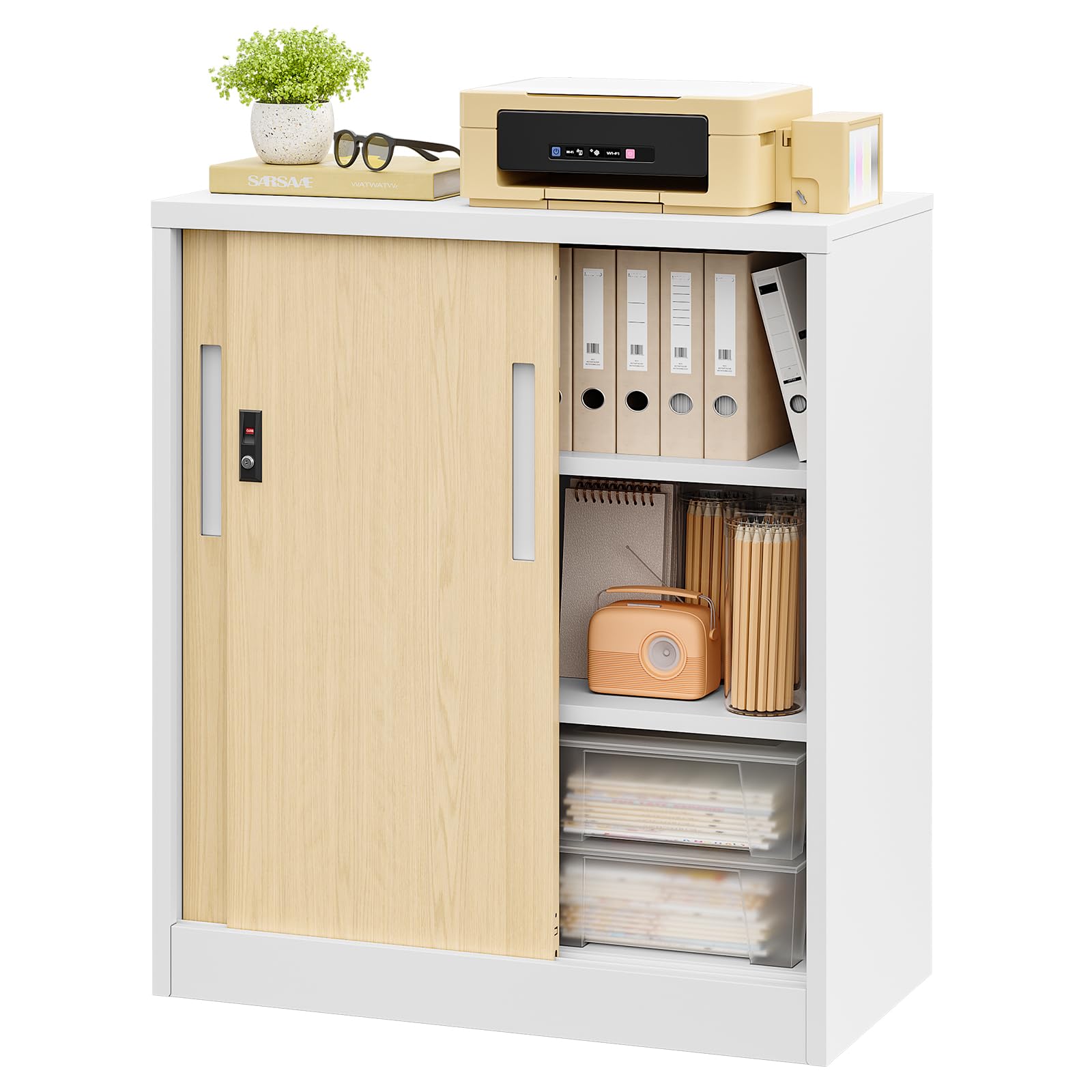 Sightlife Aktenschrank Schiebetürenschrank Büroschrank mit 2 Fächern Büromöbel Ordnerschrank Metallschrank Stahlschrank abschließbar Sideboard Büro Kommode Ordnerschrank Büromöbel 90x40x80cm