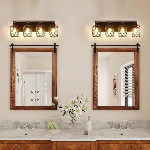 Miniatura 2 de Lámpara de tocador de baño de granja de 4 luces, accesorios de iluminación de baño de madera sobre el espejo, lámparas de baño negras con pantalla