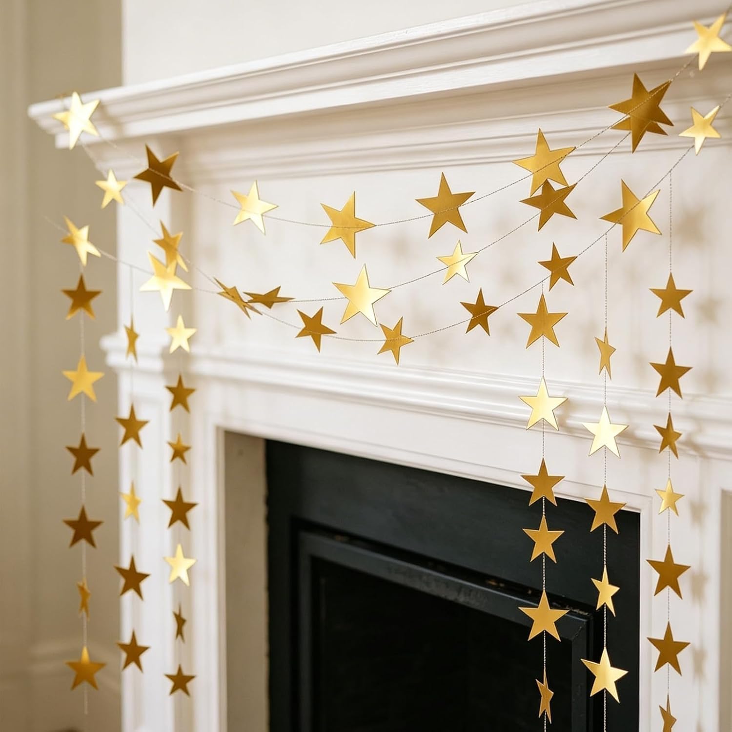 5Pcs Gold Star Garland Decorations - 66 Feet Double Side Glitter Star Hanging Streamers for Graduation, Paper Stars Banner Twinkle Backdrop for Birthday Wedding Engagement Party Classroom Decor