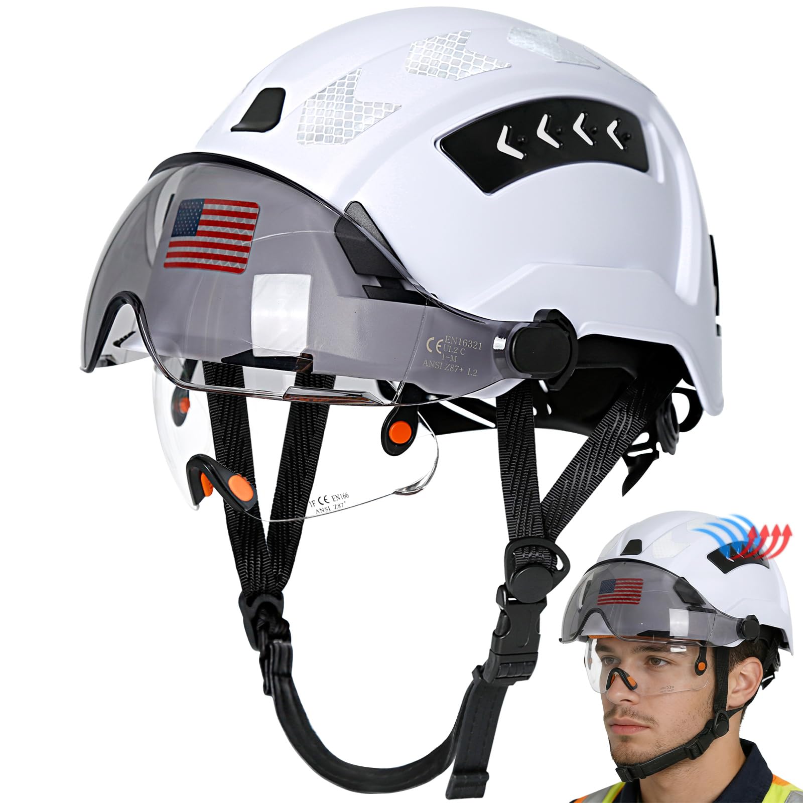 Aolamegs Hard Hats Construction OSHA Approved with Dual Visor-Safety Helmet Hard Hat with Chin Strap,Vented Hard Hat with Visor and Sunglasses,