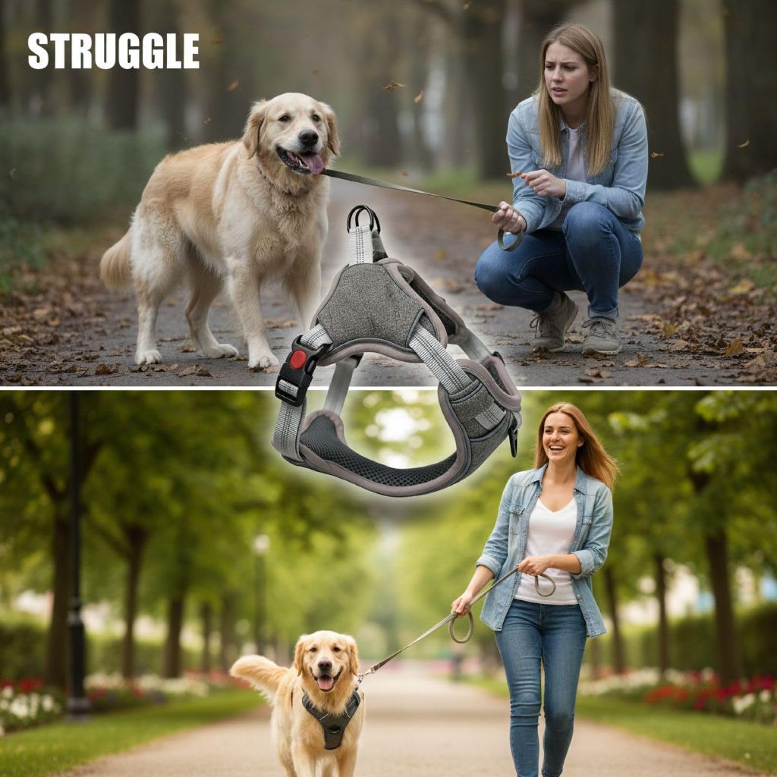 Hundegeschirr Grau XL, Hals 23,6 bis 31,5 Zoll, Brust 27,6 bis 37,4 Zoll, stark reflektierend, weich gepolstert, aus Polyesterfaser, bequem für tägliche Spaziergänge