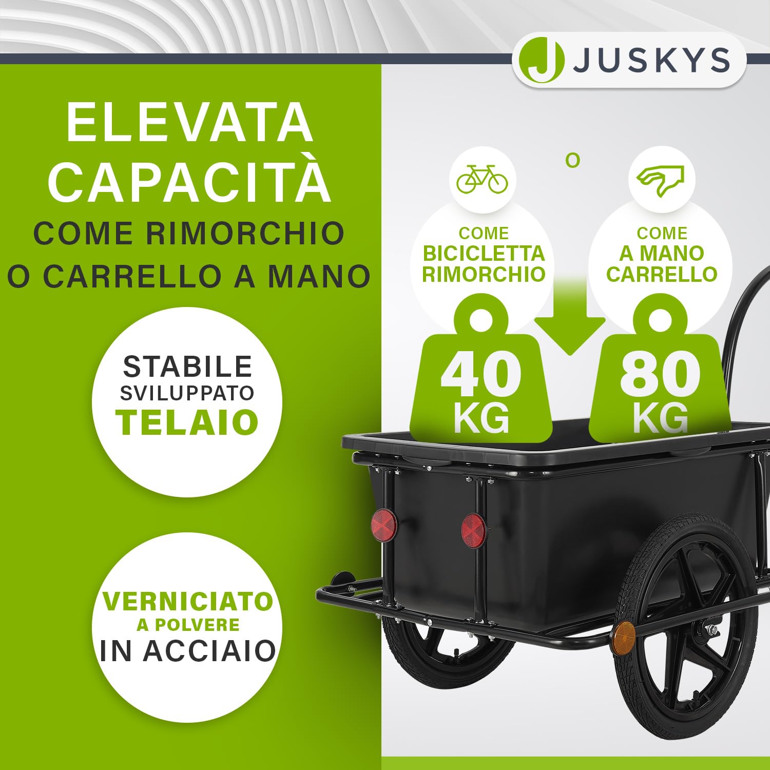 Juskys Rimorchio per bicicletta da 90 litri - rimorchio da carico con gancio, timone - rimorchio per bicicletta 40/80 kg di portata - rimorchio da trasporto con telo protettivo
