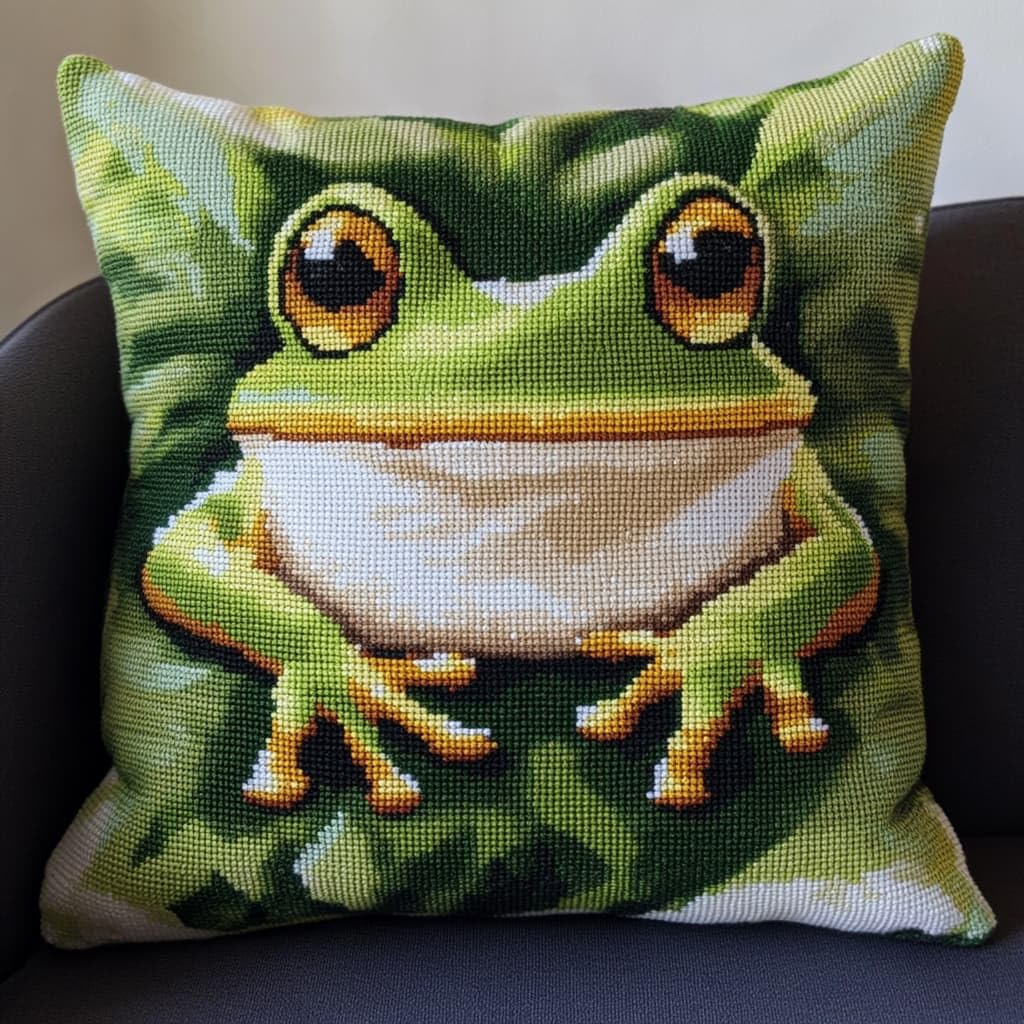 Taxpy Latch Hook Kits, Animal Frog Pillow DIY Rug Crochet Hook Cushion Making Kits Preprinted Pattern Canvas Handmade Rug Pillow Hooking Kit 43x43cm