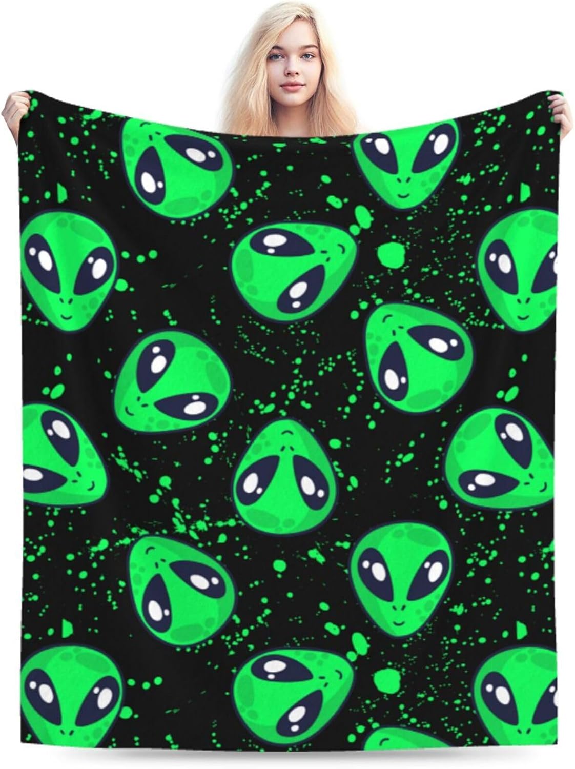 Green Cool Alien Blanket Soft Comfy Flannel Throw Blankets Lightweight Warm Bed Throws Plush For Couch Sofa Camping Office Travel Home Bedroom Decor Girls Boys Women Men Gifts 60"X50"