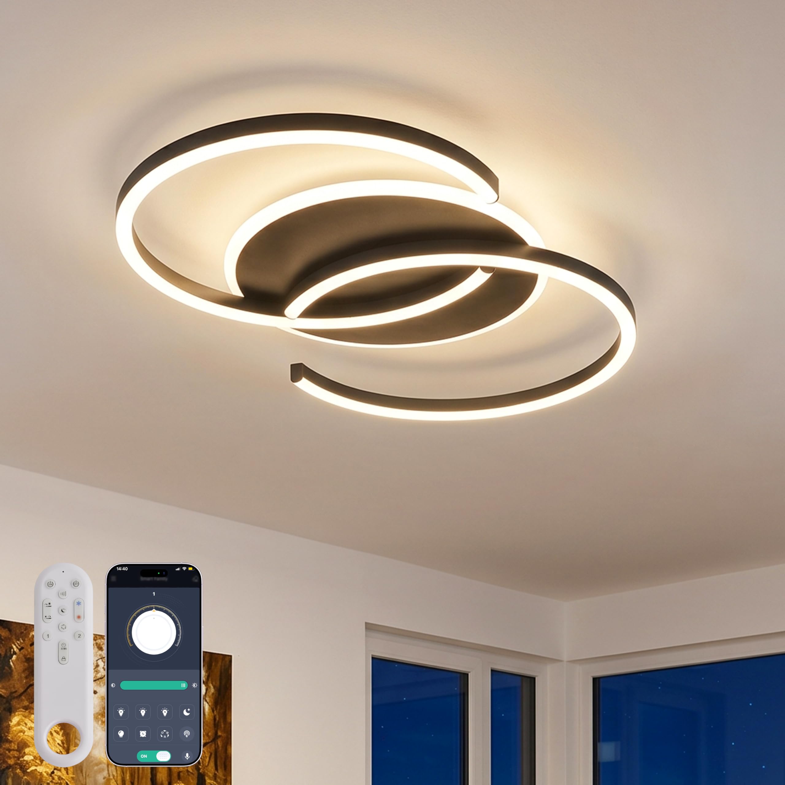 LED Deckenleuchte Dimmbar schwarz „S“ Typ, 60cm 40W Farbtemperatur 3000-6000K, Helligkeit 4-40W, Mit Fernbedienung/Mobile APP, Für Wohnzimmer, Groß Schlafzimmer, Mit Memory-Funktion, 4W Nachtlicht