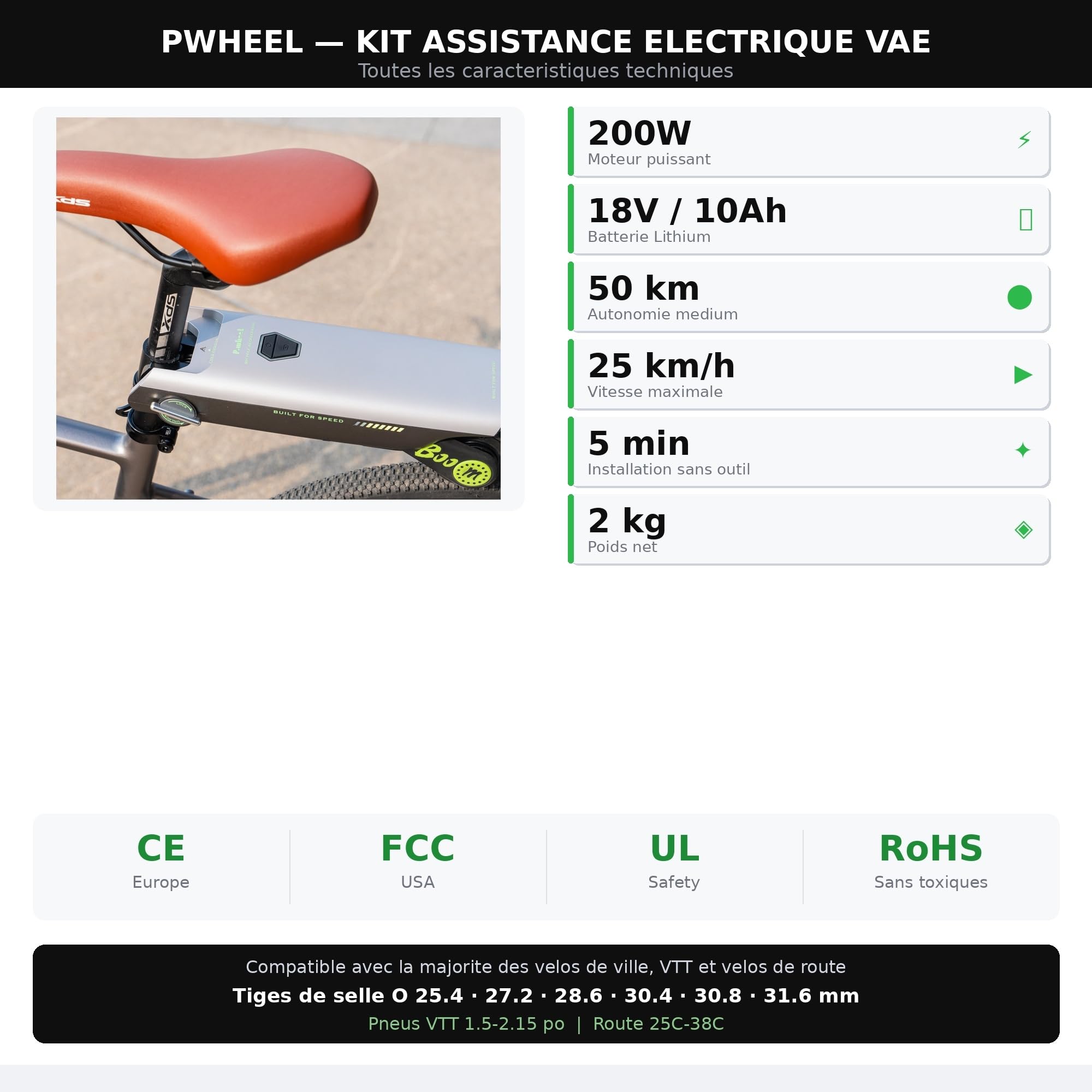 Générique PWHEEL Kit Assistance Électrique Vélo 200W 18V - Transformez Votre Vélo en VAE en 5 Minutes sans Outil - Batterie Lithium 50 km - Compatible VTT et Route - Certifié CE