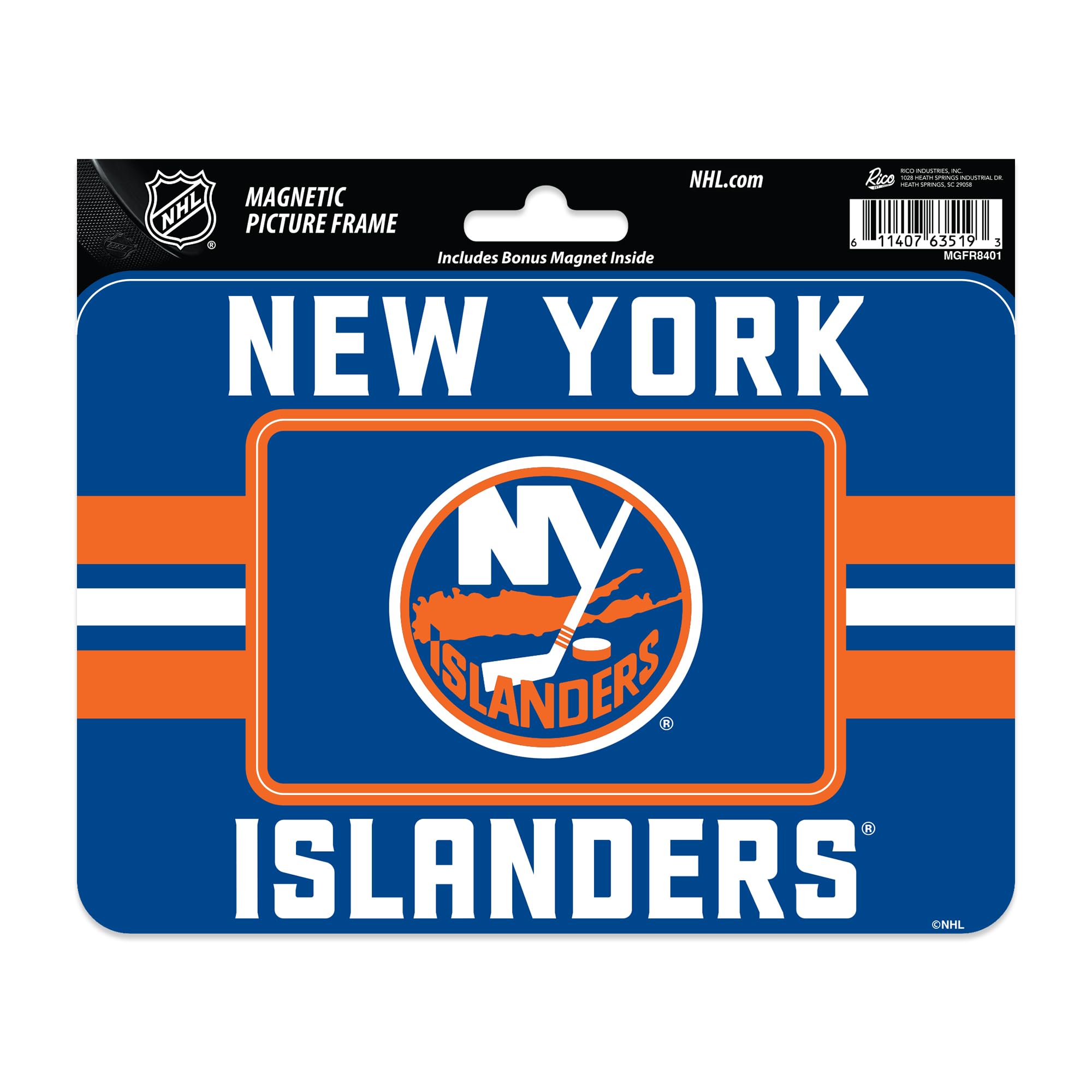 Rico Industries NHL Hockey New York Islanders Stripes Magnetic Picture Frame (5"x6.75") & Magnet Combo Set - Home Décor - Regrigerator, Office, Kitchen