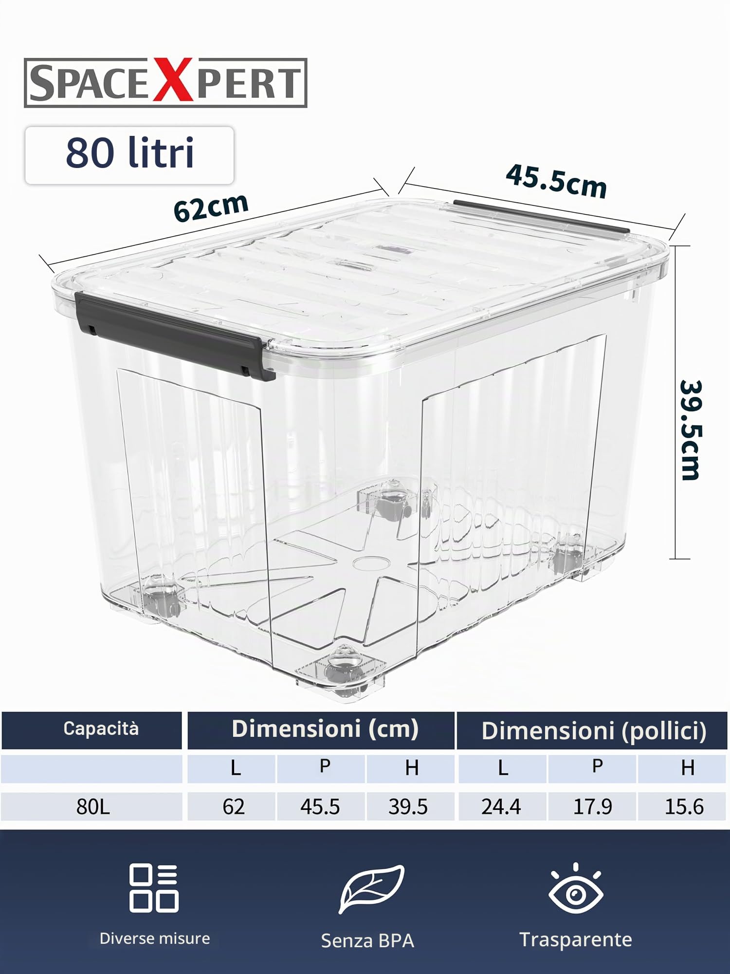 Scatole Portaoggetti, Casse di stoccaggio 80L, Contenitori in Plastica con Coperchio e Ruote, a Righe, Trasparente, Impilabile, Antipolvere, per Casa, Ufficio e Garage, 80L, Set di 6
