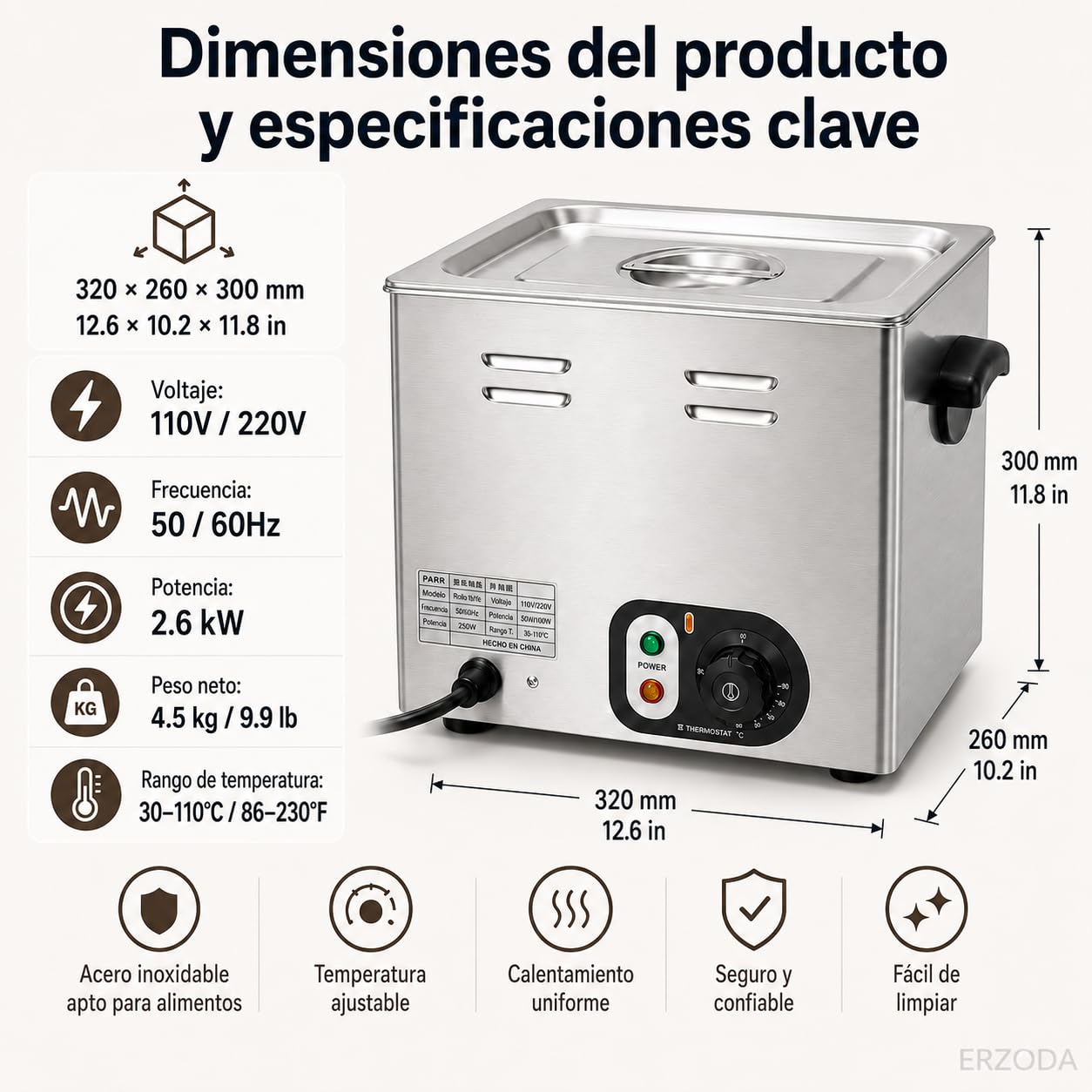 Cocedor de Huevos Eléctrico Profesional 60 Huevos, Acero Inoxidable con Termostato, 2,6 kW, para Cafeterías y Buffets