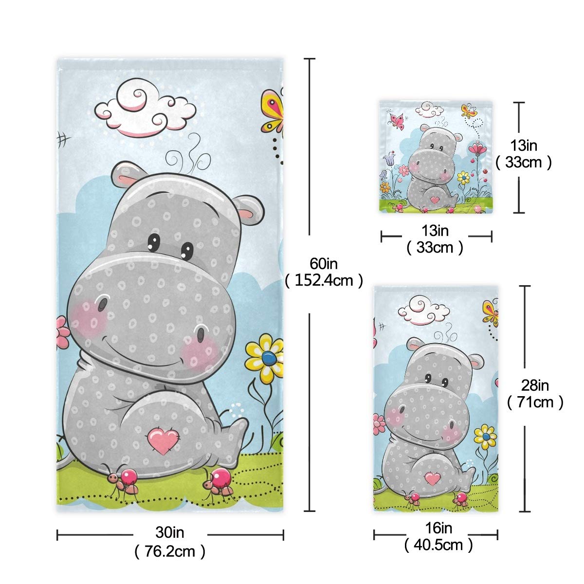 MNSRUU Juego de toallas de hipopótamo de dibujos animados para mujeres y niñas, toallas de baño, toallas de mano y paños de baño, accesorios absorbentes de baño