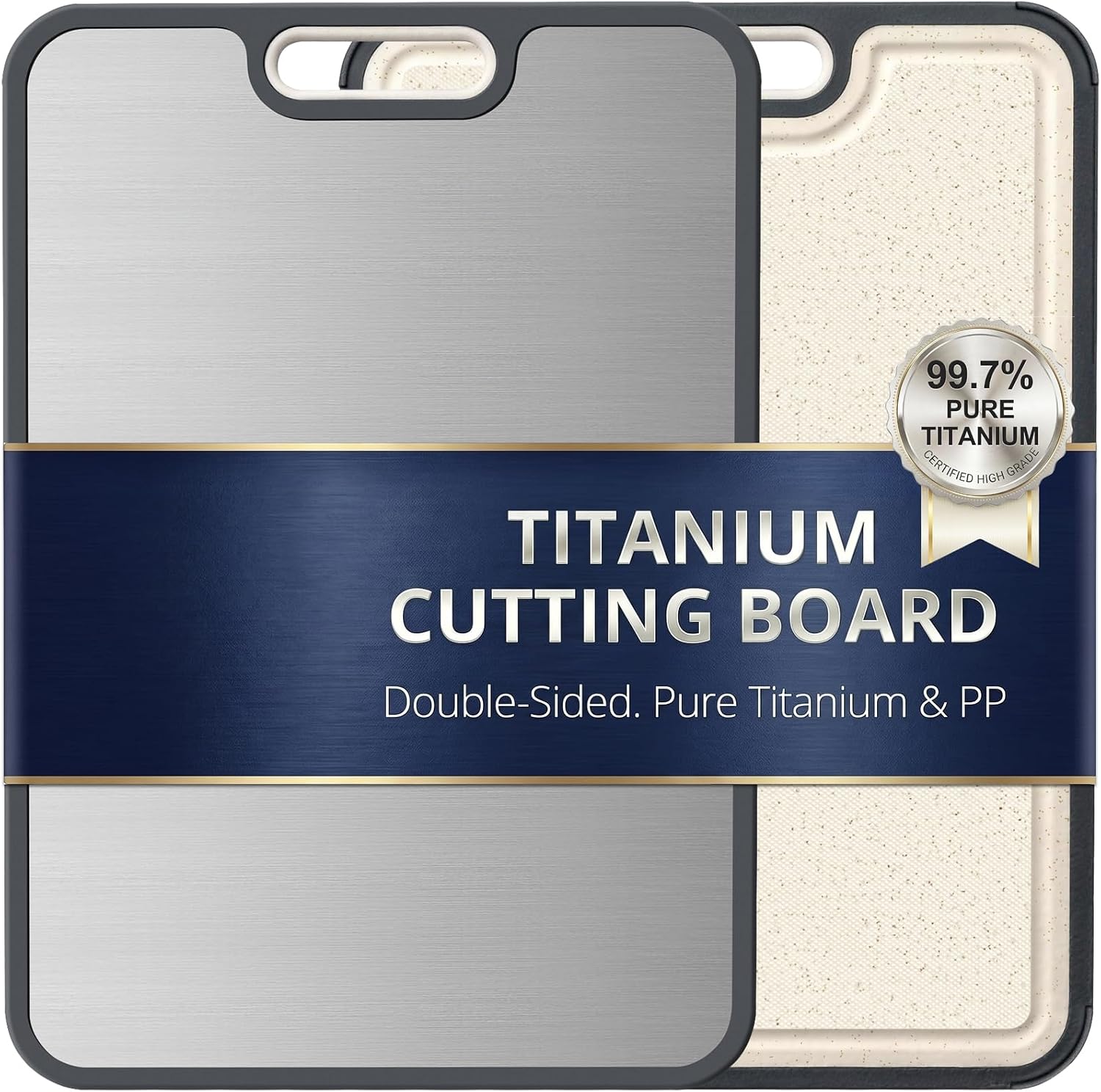 Titanium Cutting Board for Kitchen, Double Sided Chopping Board-15" x 10.4" | Premium Chopping Board, Non-Slip TPR Edge, Food Grade Pure Titanium & PP, Juice Groove & Grinding Area, Easy to clean