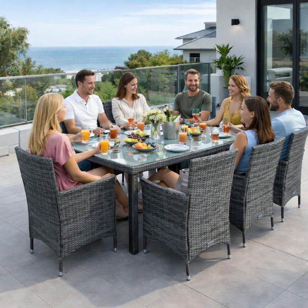 ESTEXO Polyrattan Sitzgruppe Gartenmöbel Set 8 Personen Rattanmöbel Gartenset Rattan Essgruppe Garten-Stühle Garten-Tisch Hocker Sessel mit Kissen (Anthrazit-Grau)