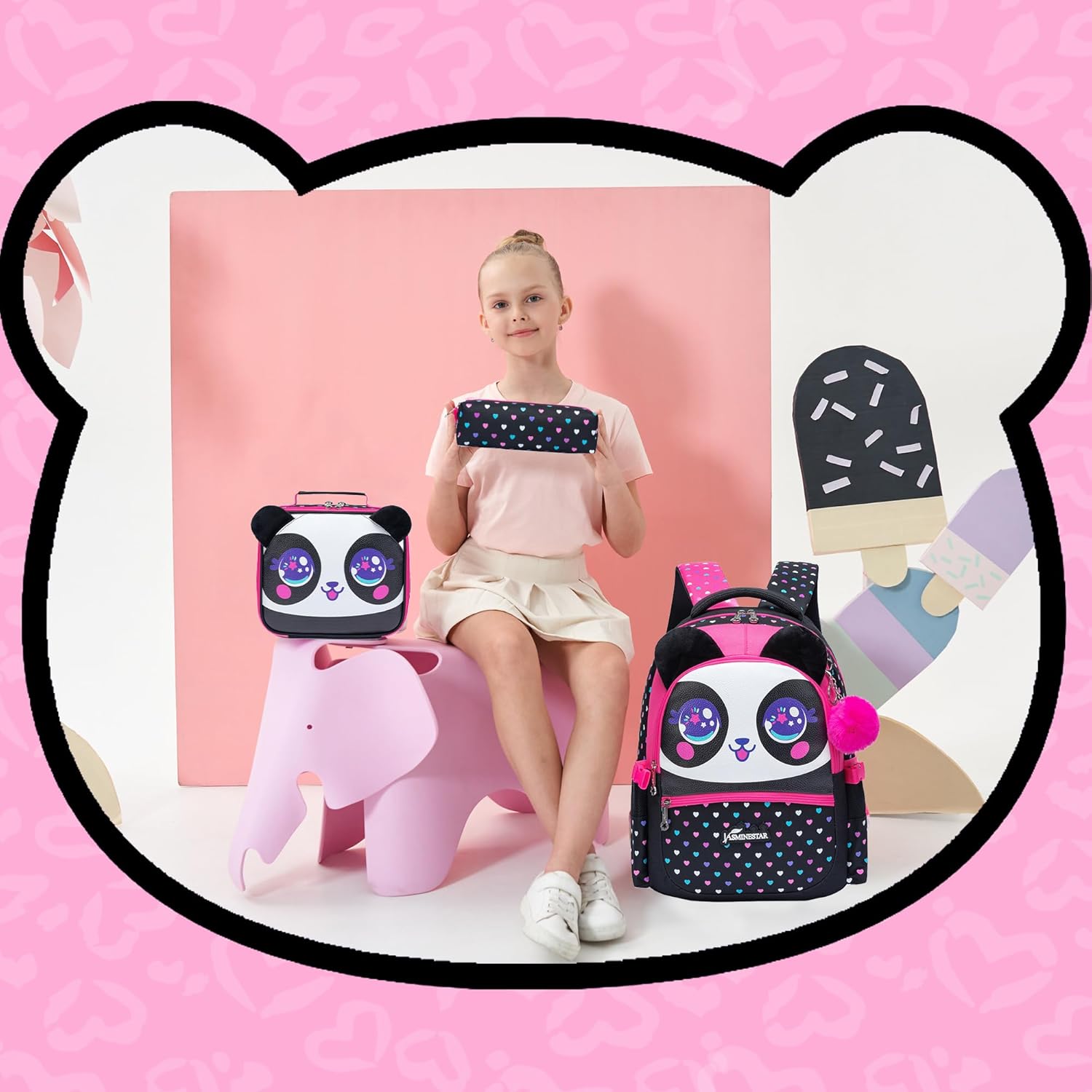 Panda Kids Backpacks for Girls School Bag with Lunch Box School Backpack for Girls Set Cute Bookbag for Kindergarten