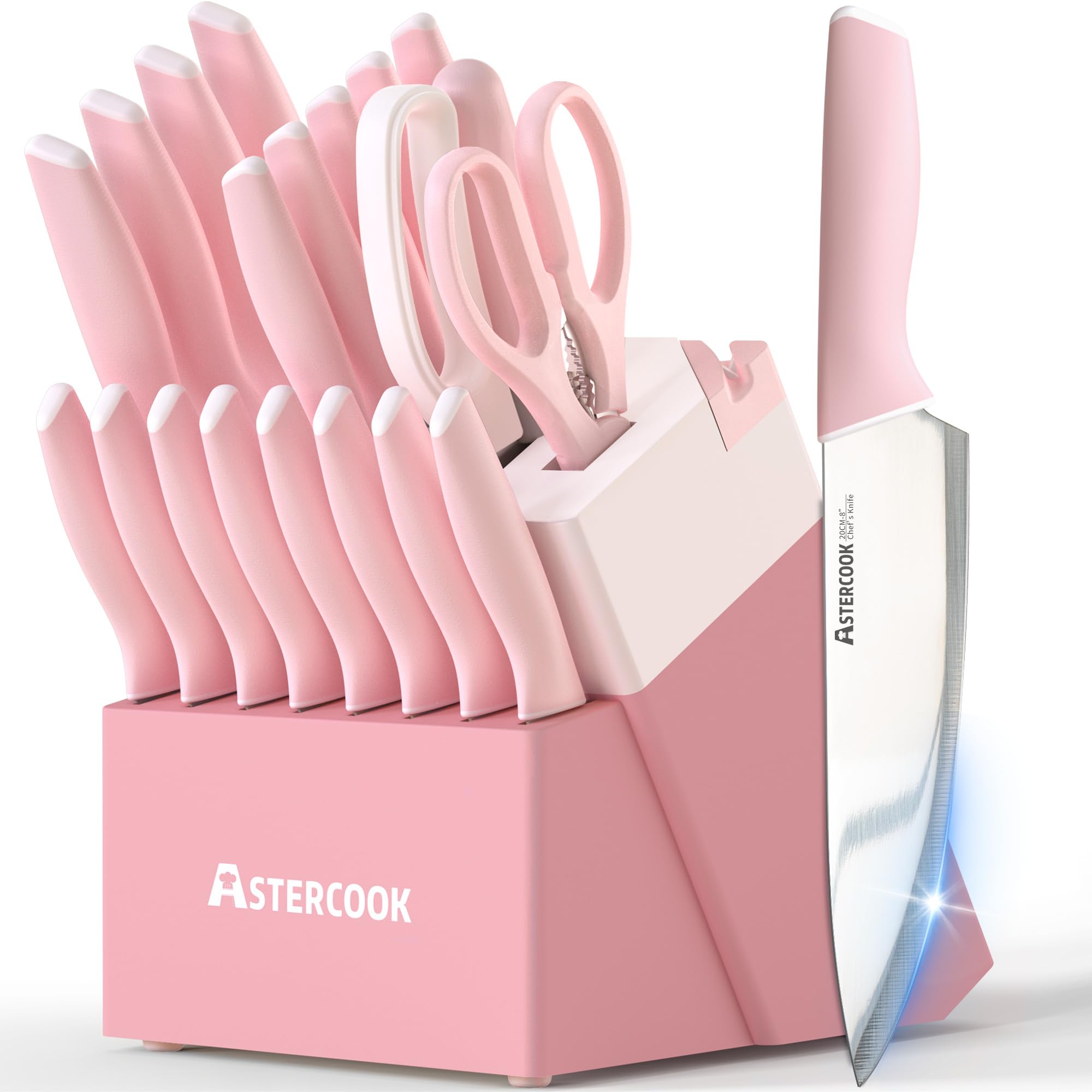 Astercook Knife Set, Kitchen Knives Set with Block and Sharpener 21 Pcs German Stainless Steel Sharp Blade Dishwasher Safe