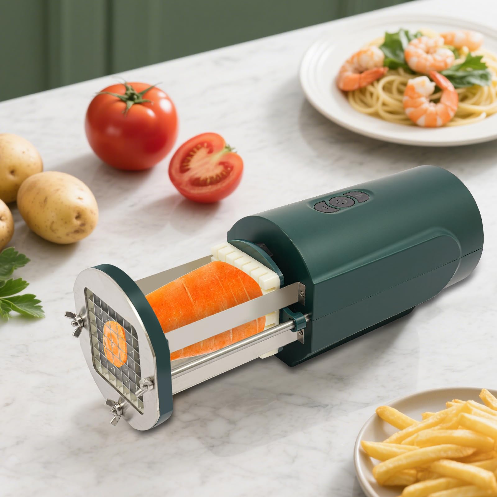 Cortador eléctrico de patatas fritas con 2 tamaños de cuchilla, cortador eléctrico multifuncional de verduras para patatas, zanahorias, manzanas