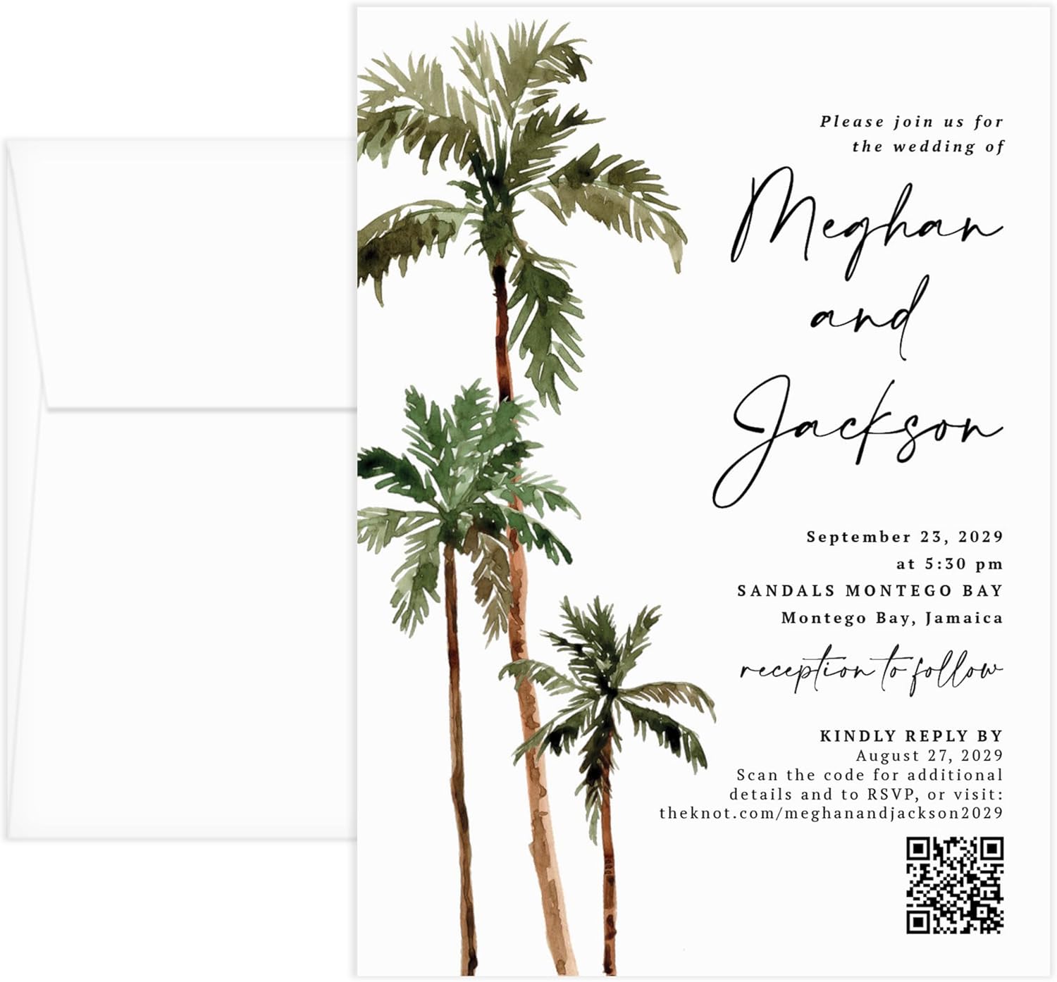 Tropical Wedding Invitations with QR Code, Personalized, with Envelopes, Palm Trees