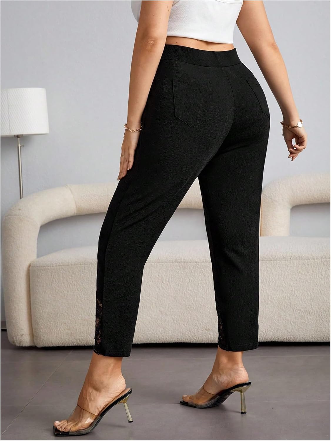 WDIRARA Women's Plus Size High Waisted Contrast Lace Capri Leggings Stretchy Skinny Pants - Image 3