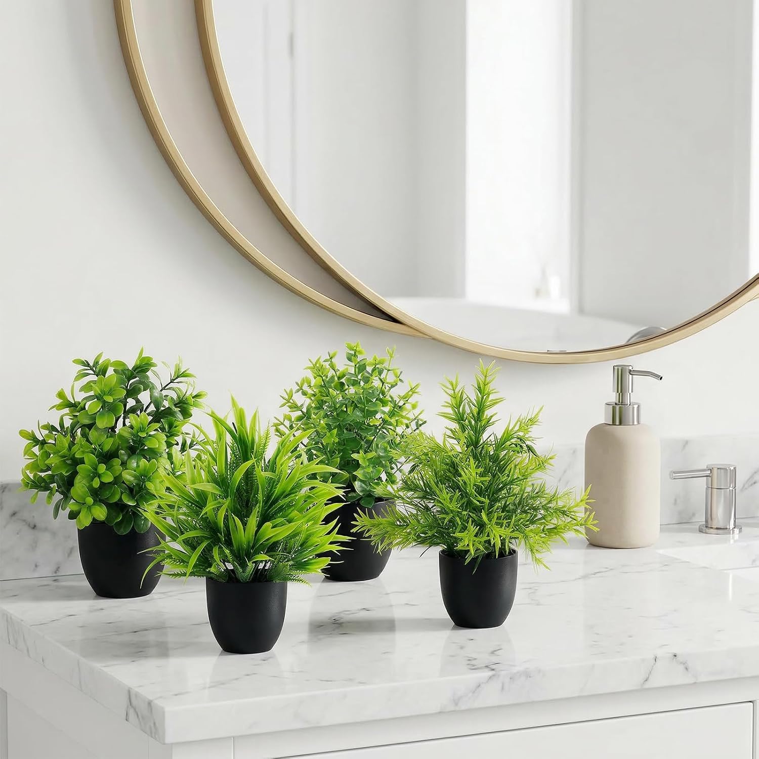 LOYWREE Faux Plants Indoor 4 Pack Small Fake Plants Mini Artificial Plants in Black Pots Potted Greenery for Home Office Table Desk Bathroom Shelf Counter Styling Farmhouse Decor