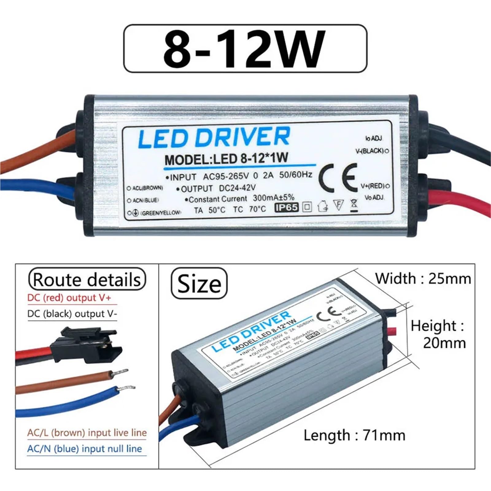 Sterownik LED 1-3 W, 4-7 W, 8-12 W, 12-18 W, 18-25 W, 25-36 W, adapter transformatora AC 85V-265 V, wodoodporny zasilacz IP65 300 mA do panelu świetlnego (8-12 W DC24-42V)