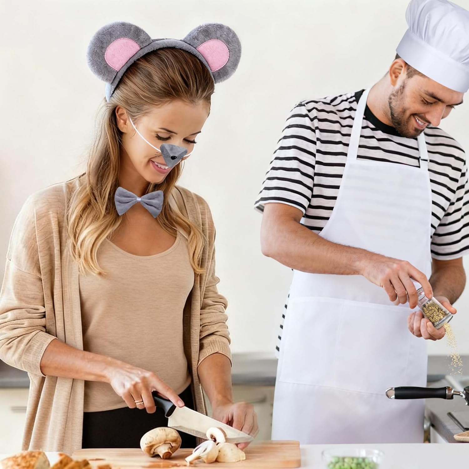 7-Piece Chef & Mouse Costume Set, Funny Couple Role Play Outfit with Chef Hat, Mouse Ears & Tail for Halloween Party - Image 5