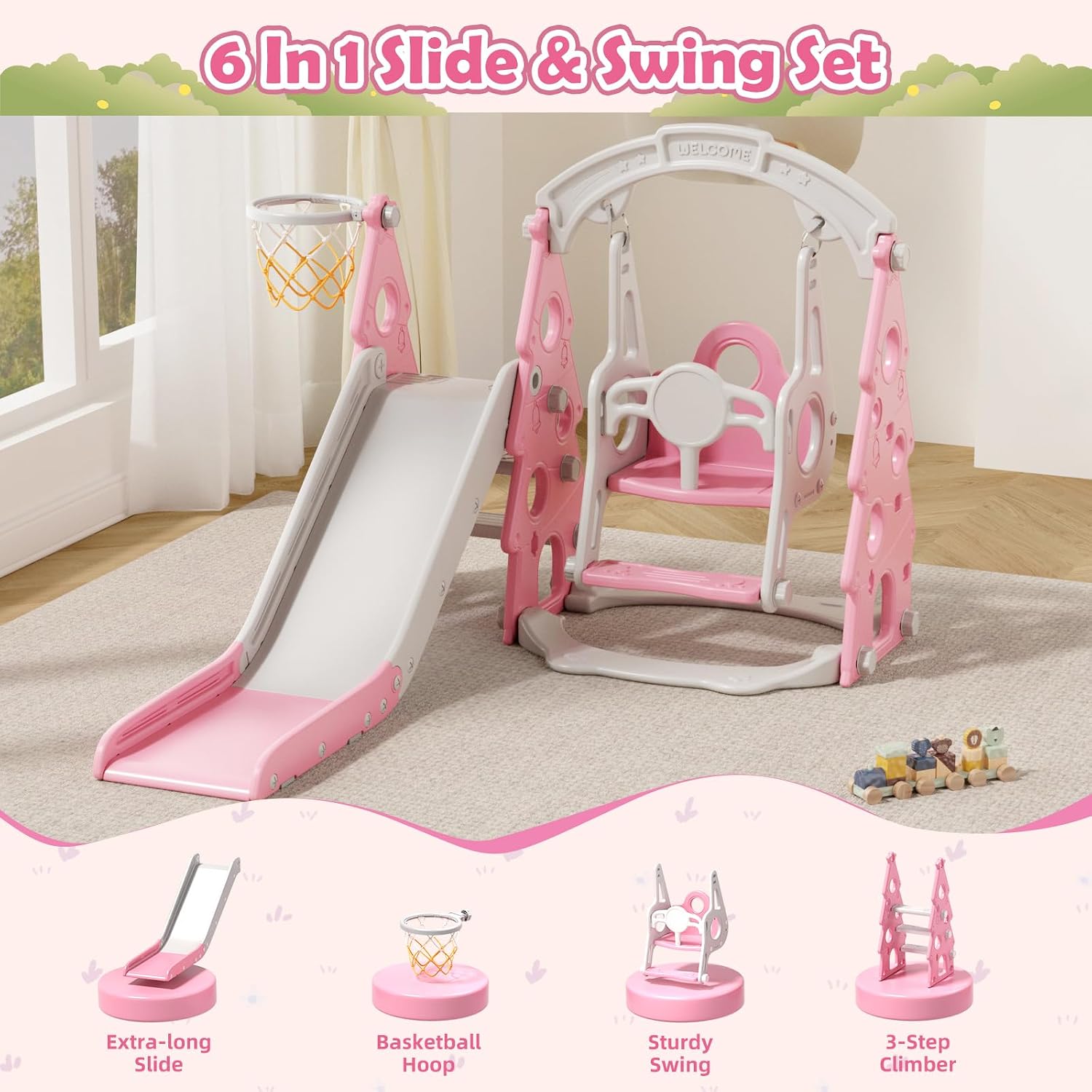 KORIMEFA 4-in-1 Kids Slide and Swing Set, Toddler Slide with Basketball Hoop, Swing, Outdoor Indoor Playground for Toddlers 1-3 Pine Shape Design(4 in1-Pink)
