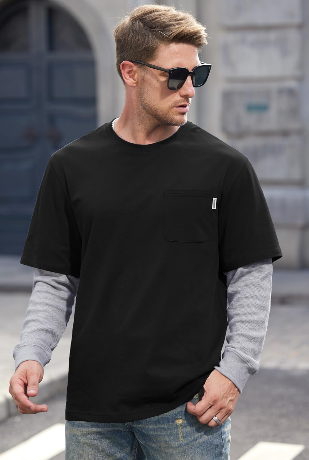 Mens Layered Shirt Waffle Longsleeve Cotton Faux 2-Piece Casual Pullover with Pocket (S-XXL) - Image 3